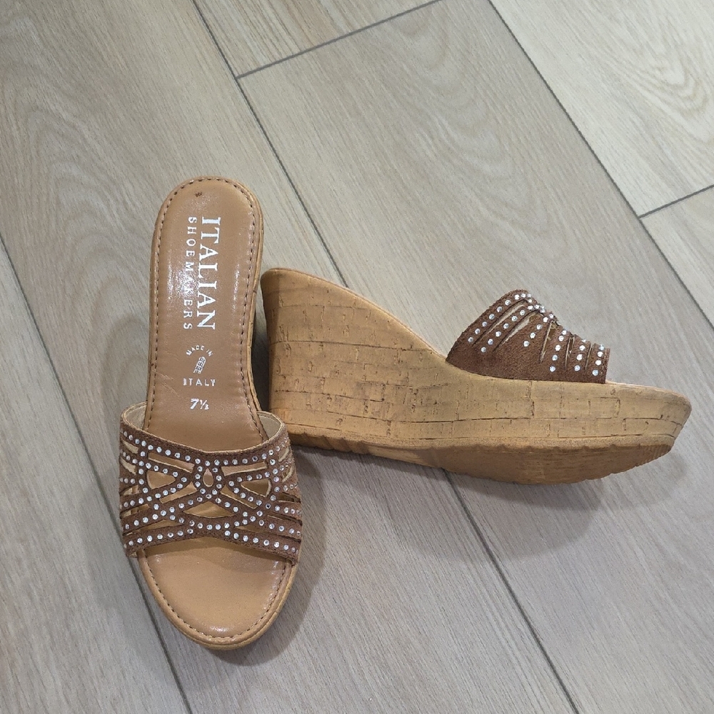 Italian Shoemakers Brown Suede Cork Wedge Sandals with Rhinestones